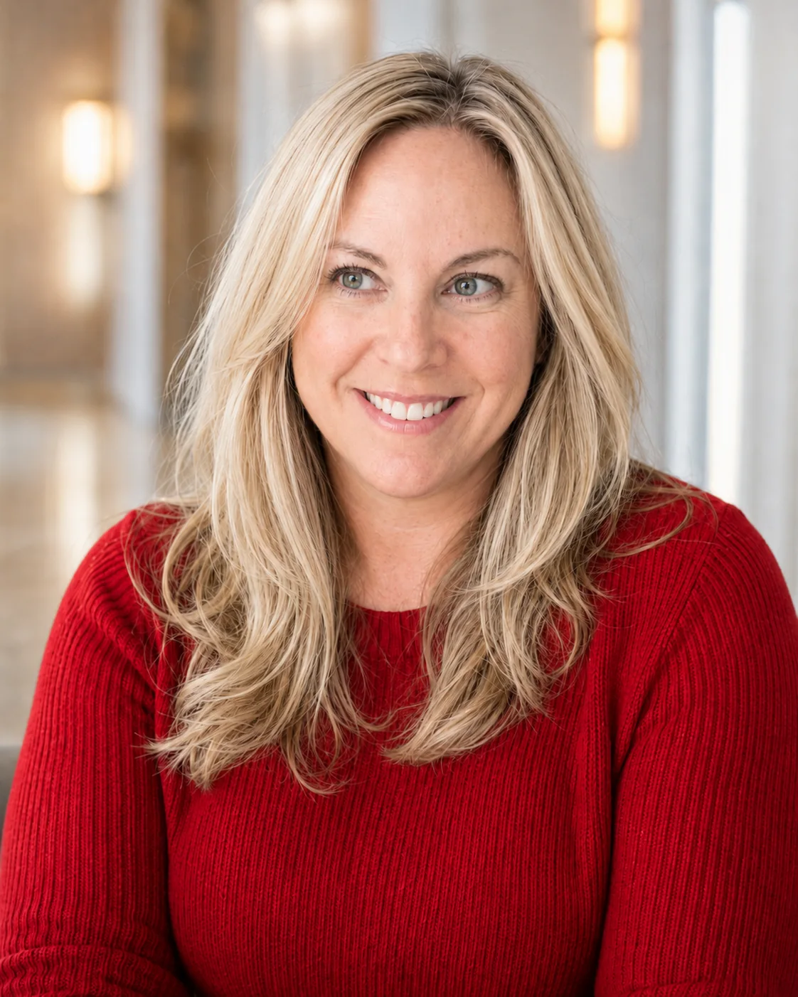 Meredith Littman in a red sweater