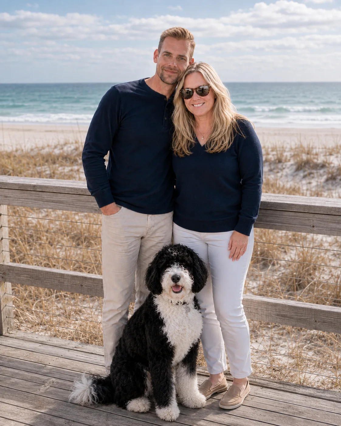Meredith Littman, Scot Smith, and their Bernedoodle on a beach boardwalk