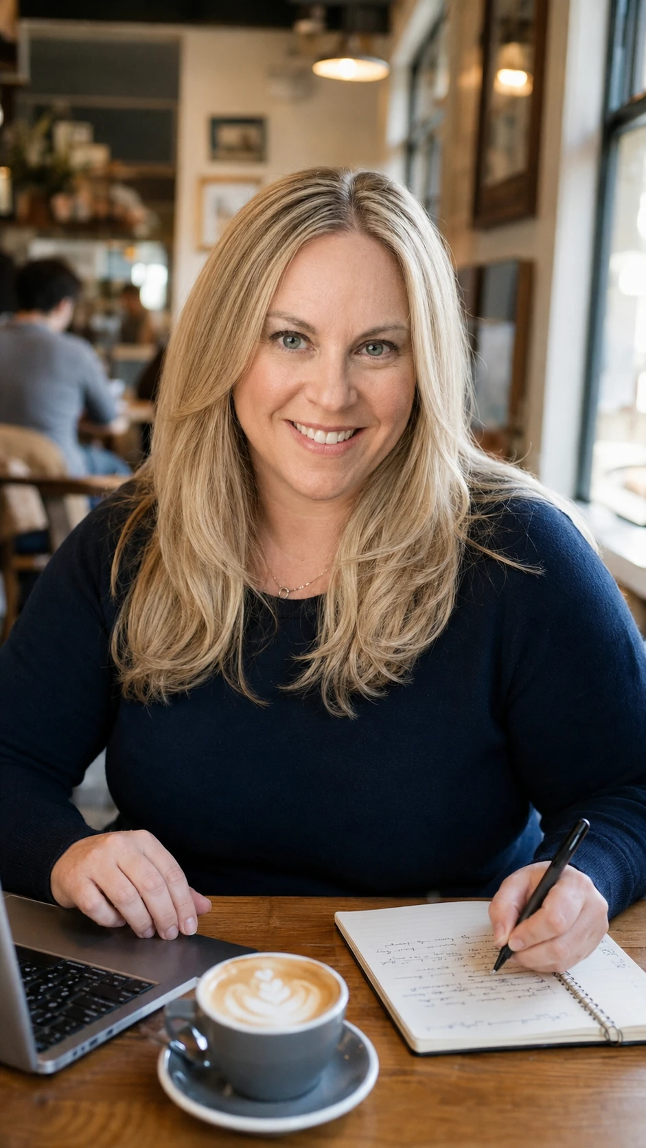 Meredith Littman writing at a cafe